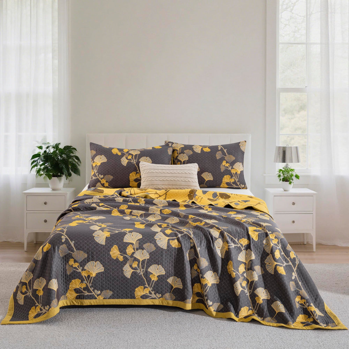 100% Cotton Muslin Jacquard 2 Piece Quilt Set Floral Ginkgo Leaf Print, Soft 3 Layers Gauze Bed Cover Reversible