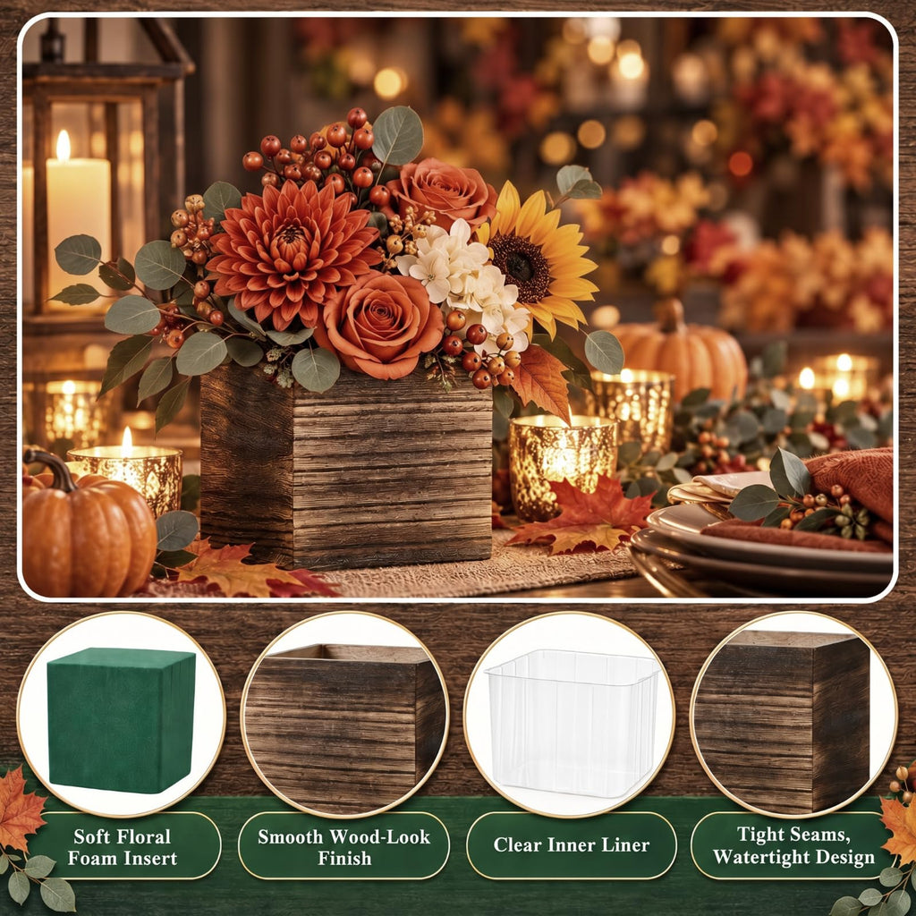 12 Set Wood Cube Planter Box Square Wood Vase Rustic Cube Planter Box with Removable Plastic Liner Floral Foam Blocks
