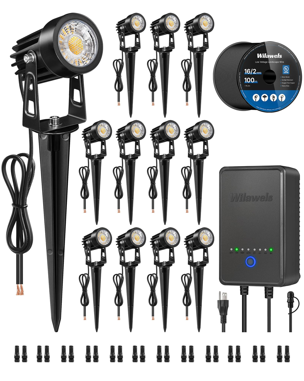 All-in-One LED Low Voltage Landscape Lighting Kit, 12-Pack Landscape Lights with Transformer, 100FT Wire