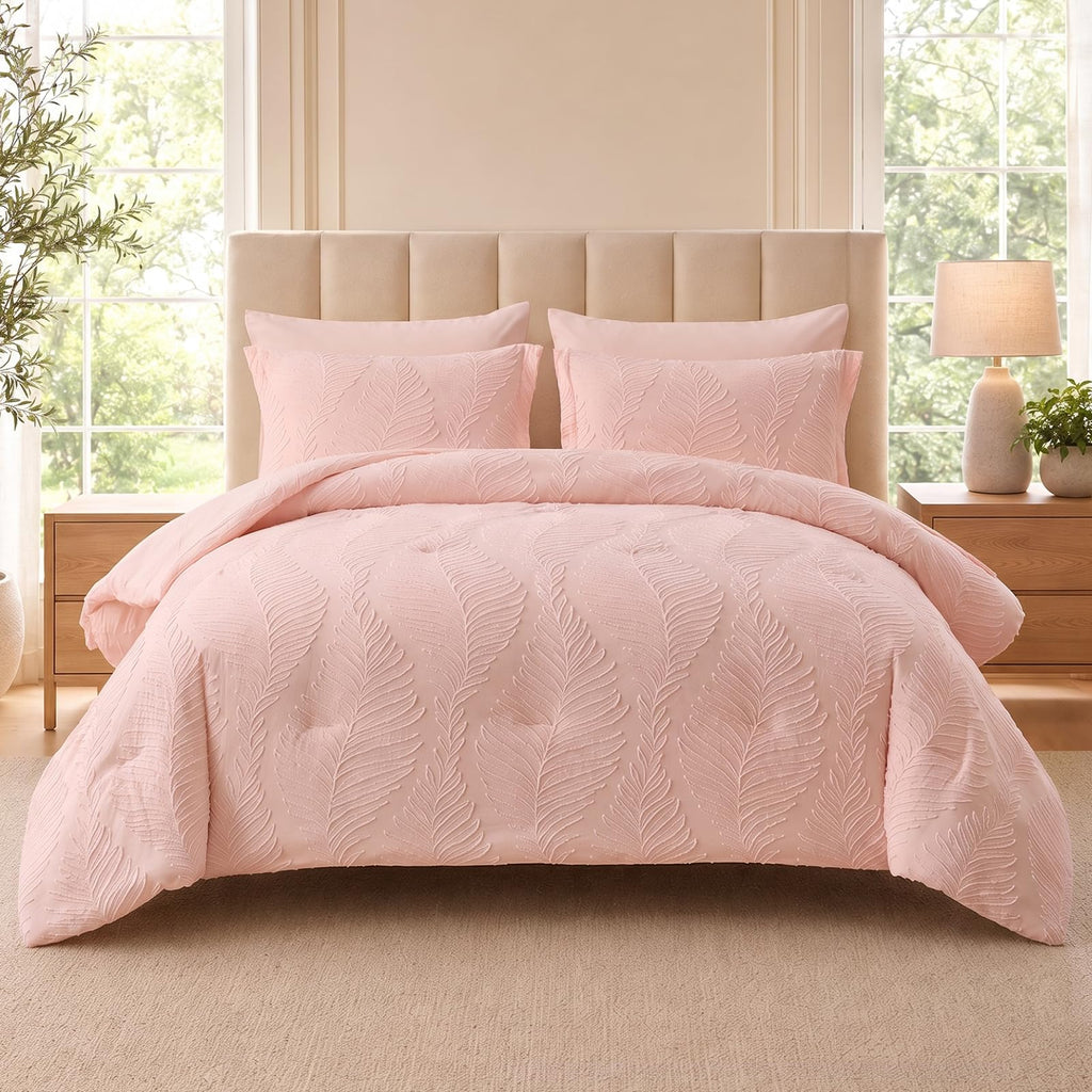 Queen Comforter Set Pink 7 Pieces Tufted Boho Comforter Set Leaves Floral Farmhouse Shabby Chic Bedding Sets for All