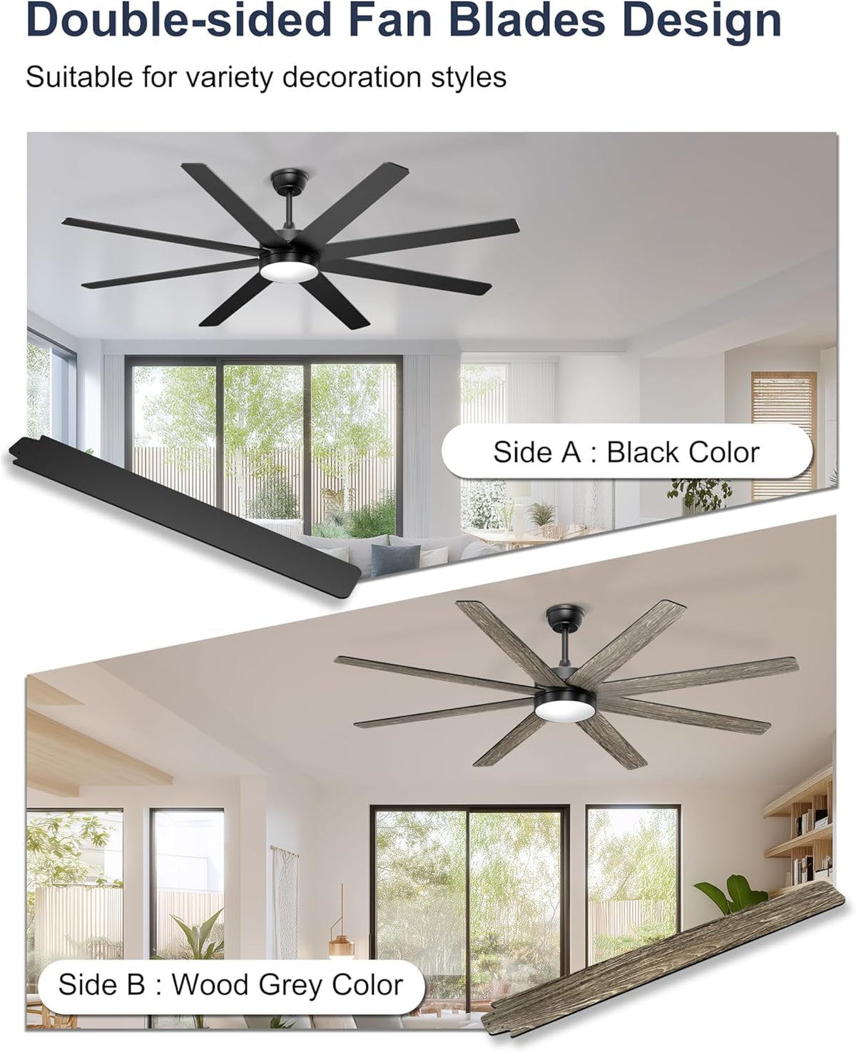 72'' Large Ceiling Fans with Lights, Modern Black Ceiling Fan Remote/APP Control, Dimmable