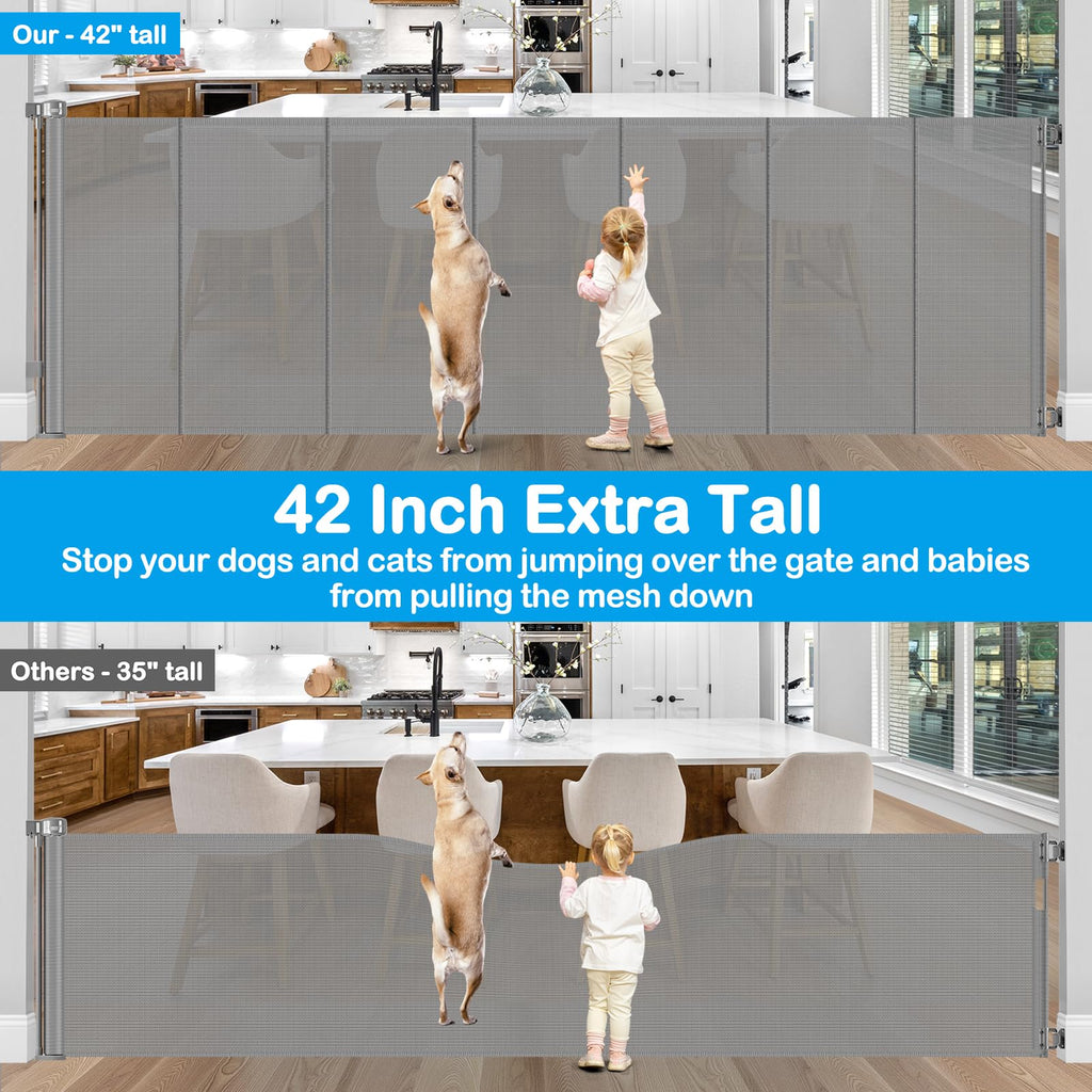 Reinforced 42" Extra Tall X 120" Extra Wide Retractable Dog Gate for Doorways Wide Pet Gate Indoor Prevent Kid/Pet