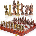 Vintage Figurine Metal Chess Set for Adults and Kids - 15'' Wooden Board with Metal Pieces - Travel Chess Set