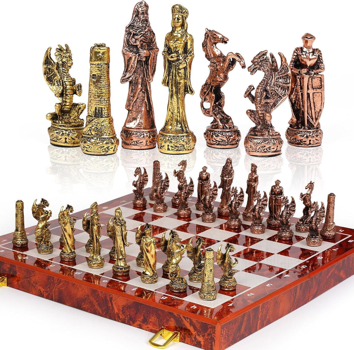 Vintage Figurine Metal Chess Set for Adults and Kids - 15'' Wooden Board with Metal Pieces - Travel Chess Set