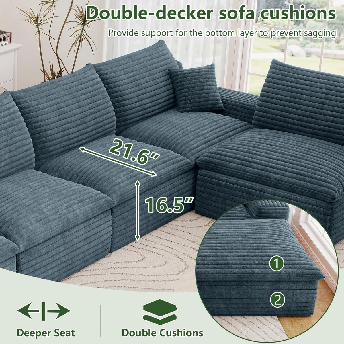 136" Cloud Couch Modular Sectional Sofa, U-Shape Boneless Couch with Deep Seat, Modern Corduroy 6-Seater with