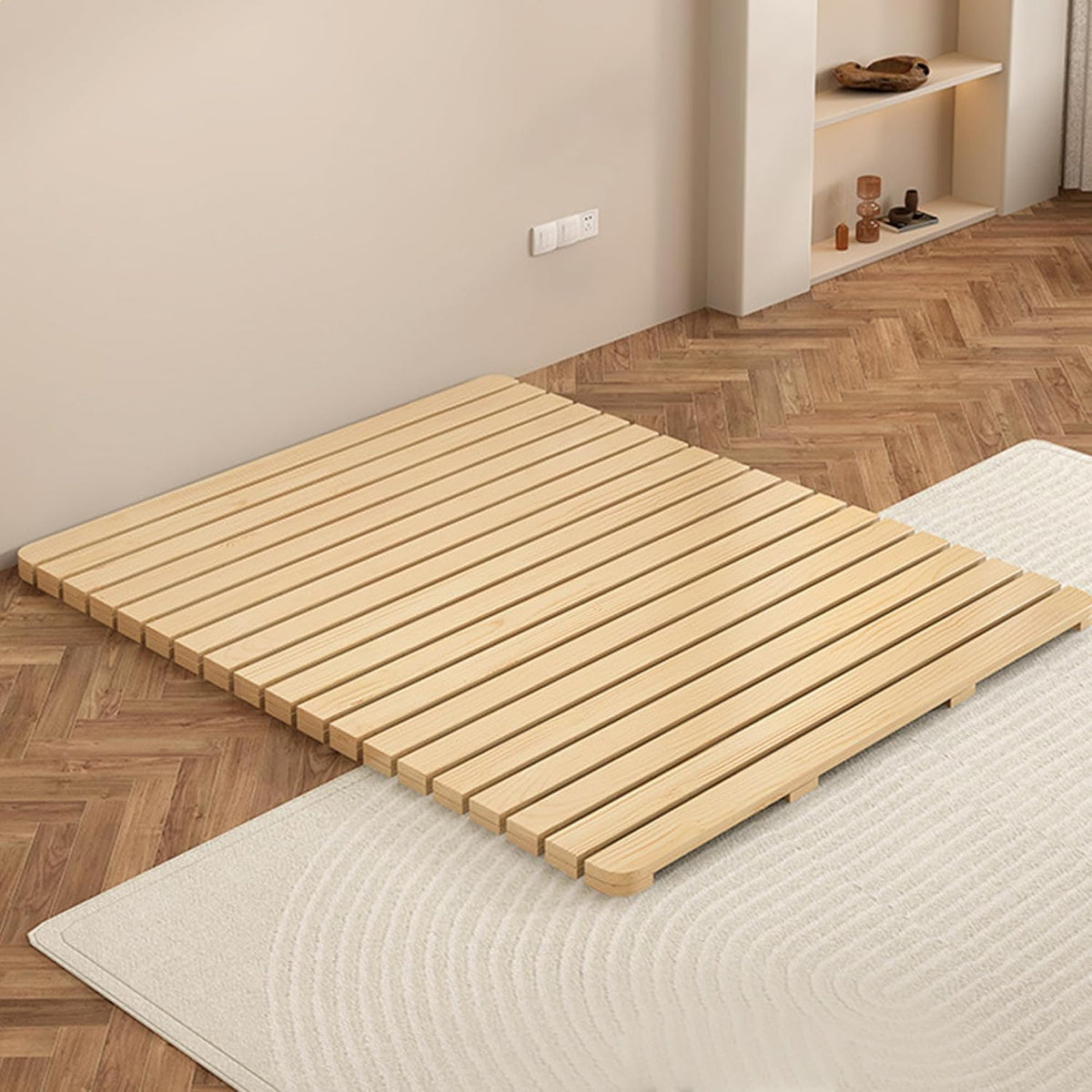 Solid Wood Slatted Bed Frame, Japanese Floor Platform, Natural Wood, 74.8" x 59", Foldable Roll-Up Design, No