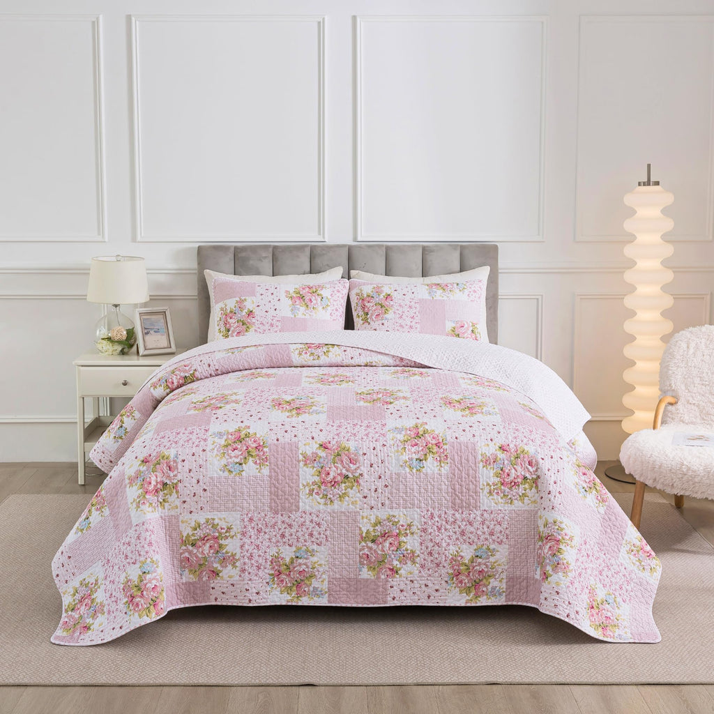 Pink Floral Patchwork Cotton Quilt Set, with 2 Shams