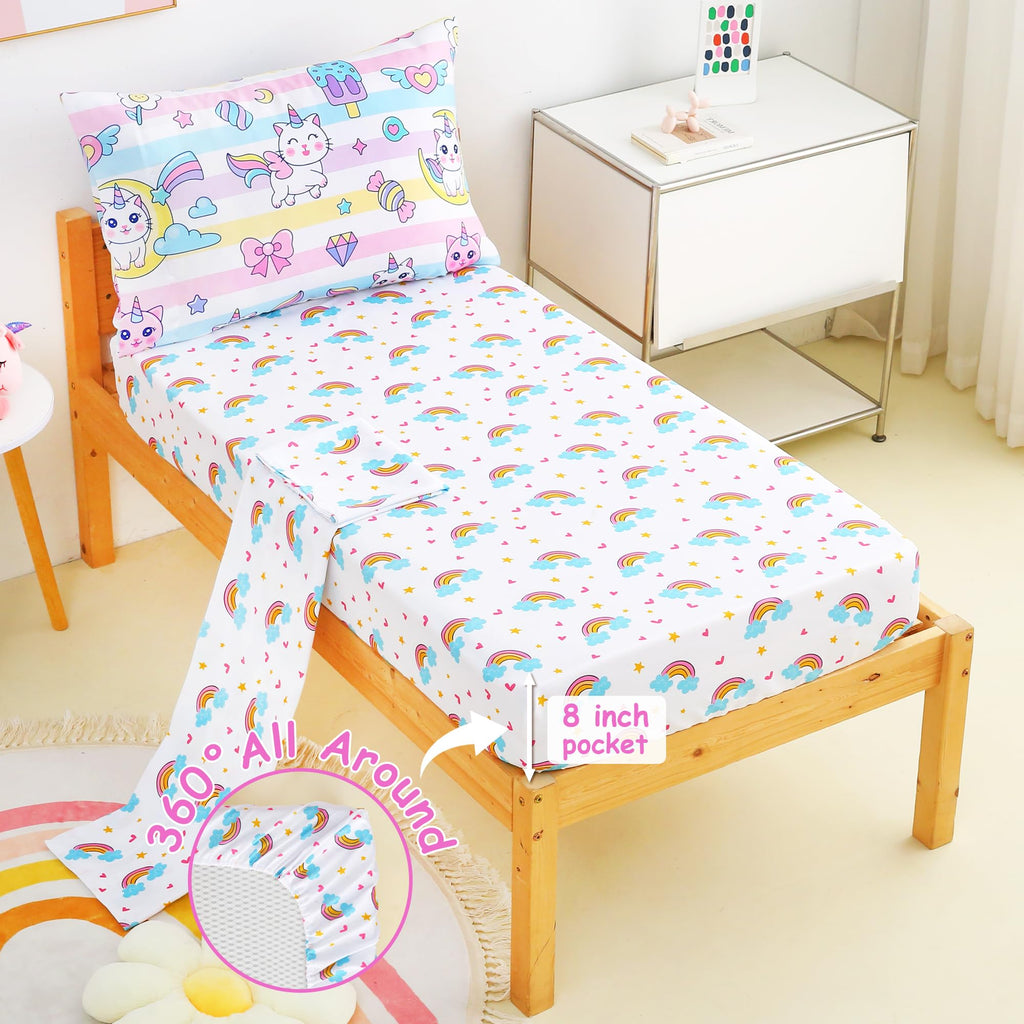 Toddler Bedding Sets for Girls,4 Pieces Cat Rainbow Printed