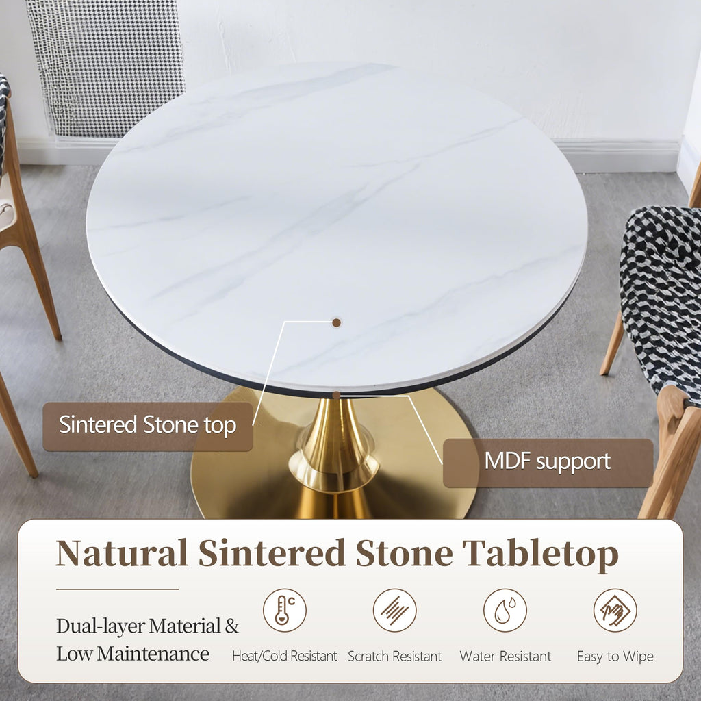 Inspired Saarinen Style 31.5" Sintered Stone Round Tulip Table with Gold Metal Pedestal