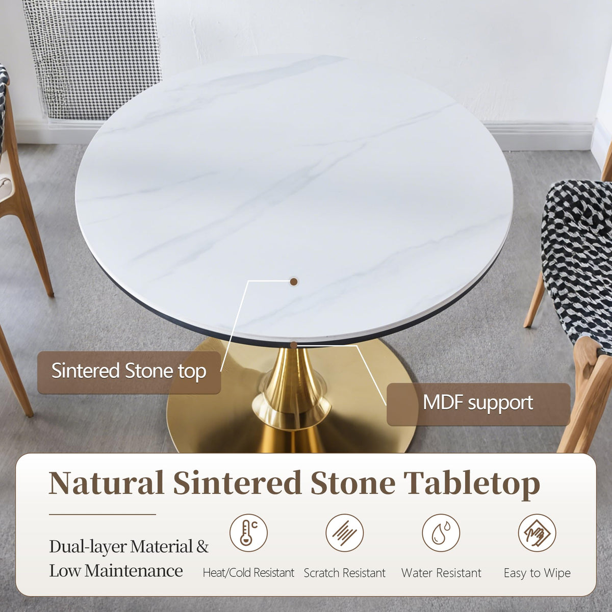 Inspired Saarinen Style 31.5" Sintered Stone Round Tulip Table with Gold Metal Pedestal