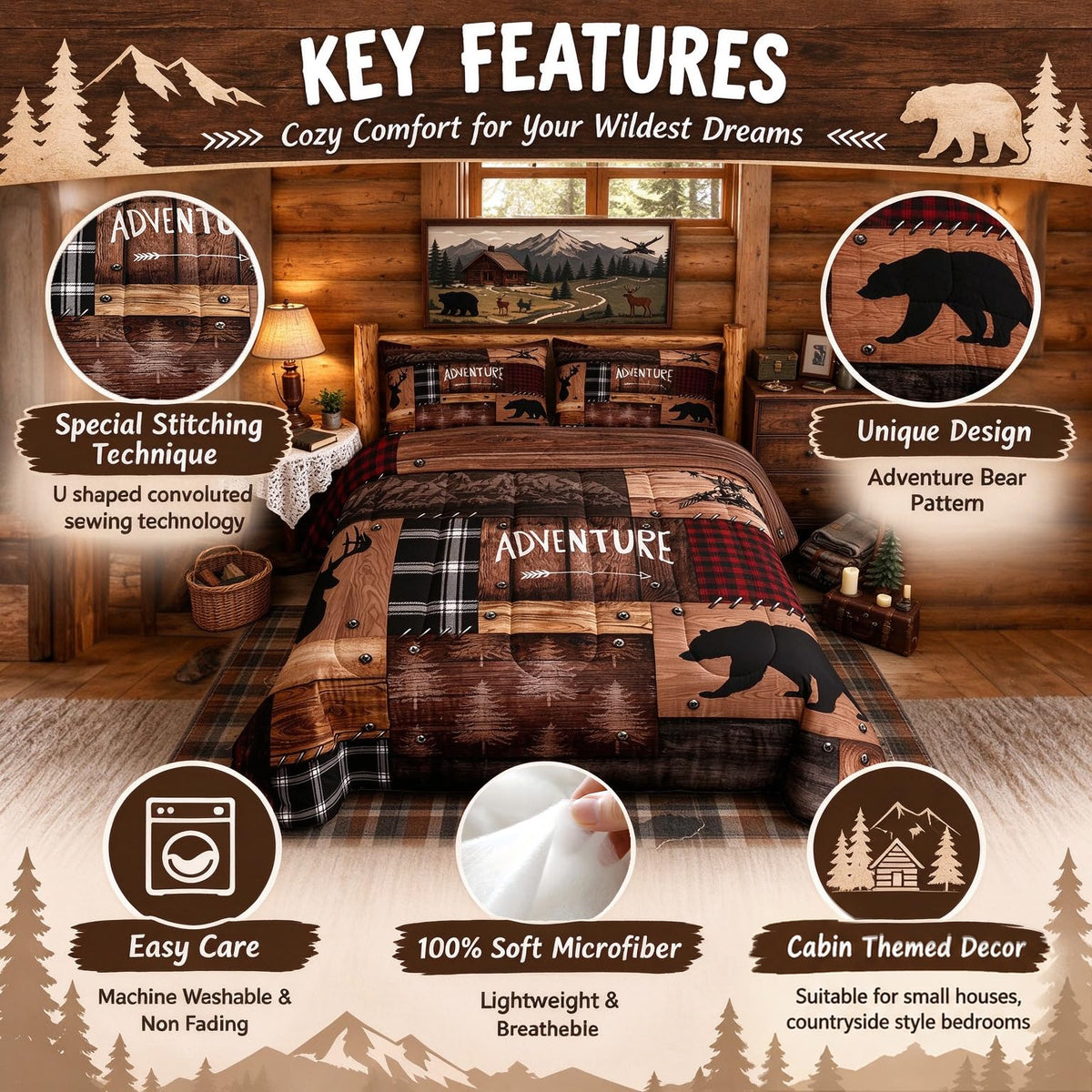 Cabin Comforter Set Brown Adventure Bear Quilt with 2 Pillowcases