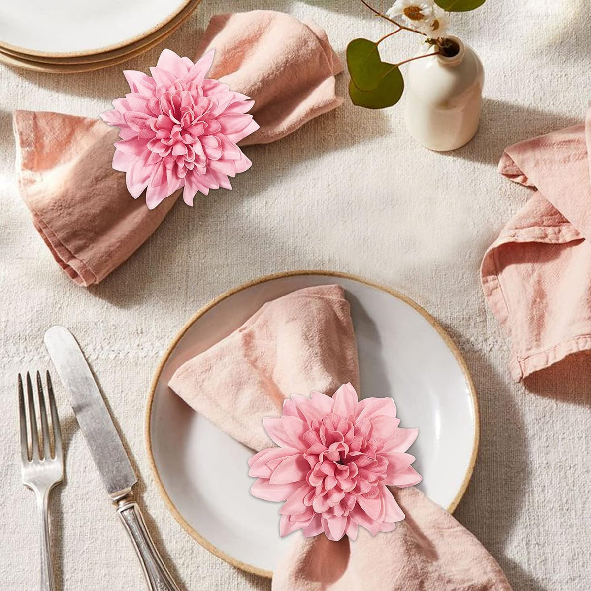 Farmhouse Flower Napkin Rings, Faux Pink Dahlia Napkin Ring, Natural Serviette Buckles Holder for Gift,Table - Set of 8