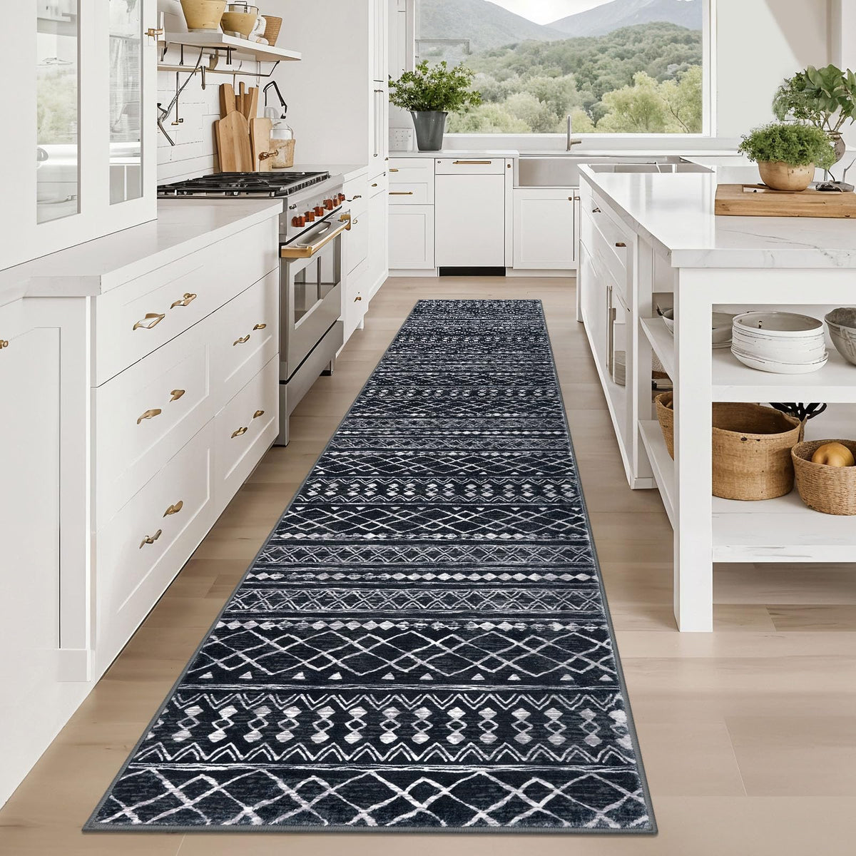 Hallway Runner Rug 2.6x12 Washable, Moroccan Vintage Black Boho