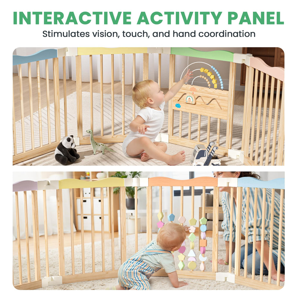 Foldable Wooden Baby Playpen, 45 x 45 x 24 inches, Pastel Dream, Rainbow