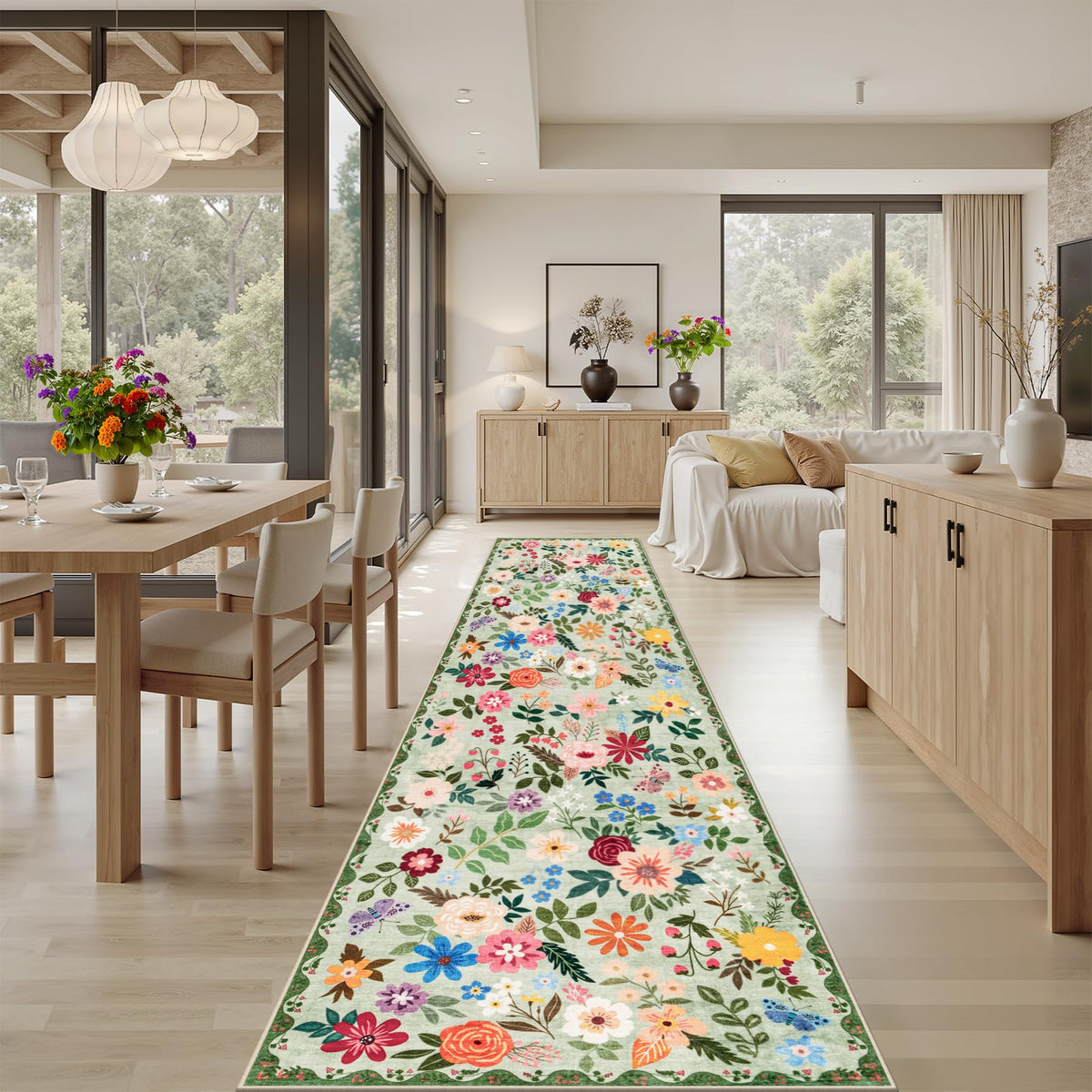 2.6x14 Washable Runner Rug:Floral Indoor Kitchen Soft Carpet Green
