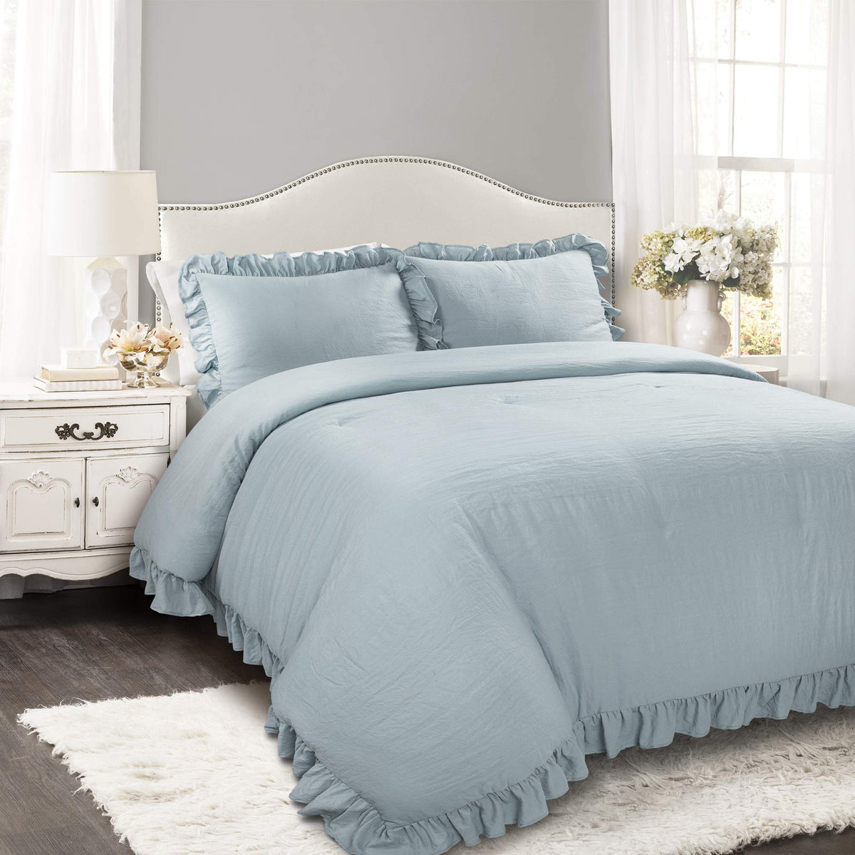 Reyna Ruffle Comforter Set, Lake Blue, 3 Piece Cozy Bedding Set