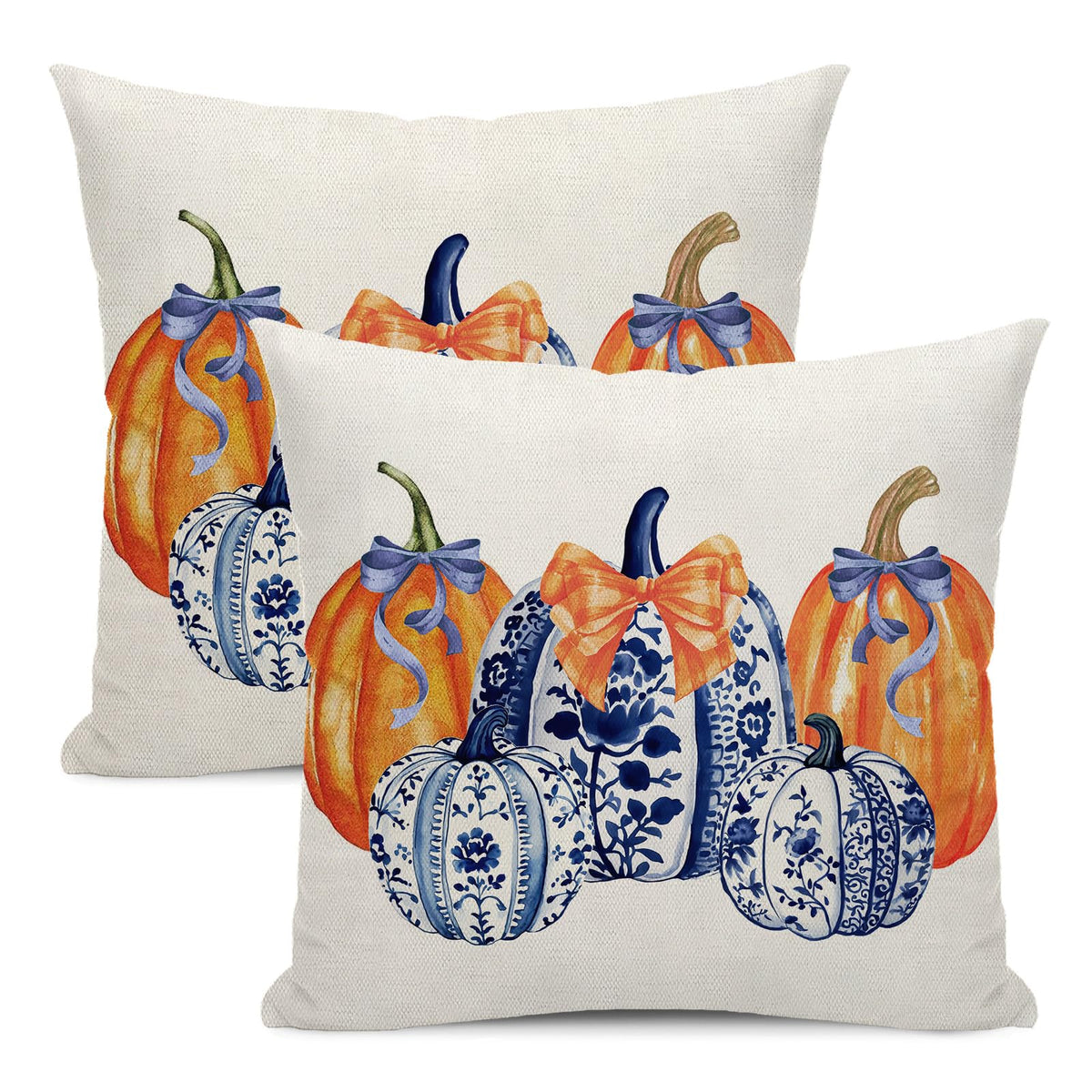 Fall Pillow Covers 22x22 Pack of 2 Chinoiserie Blue and Orange Pumpkin Throw Pillow Cover Outdoor, Fall Thanksgiving