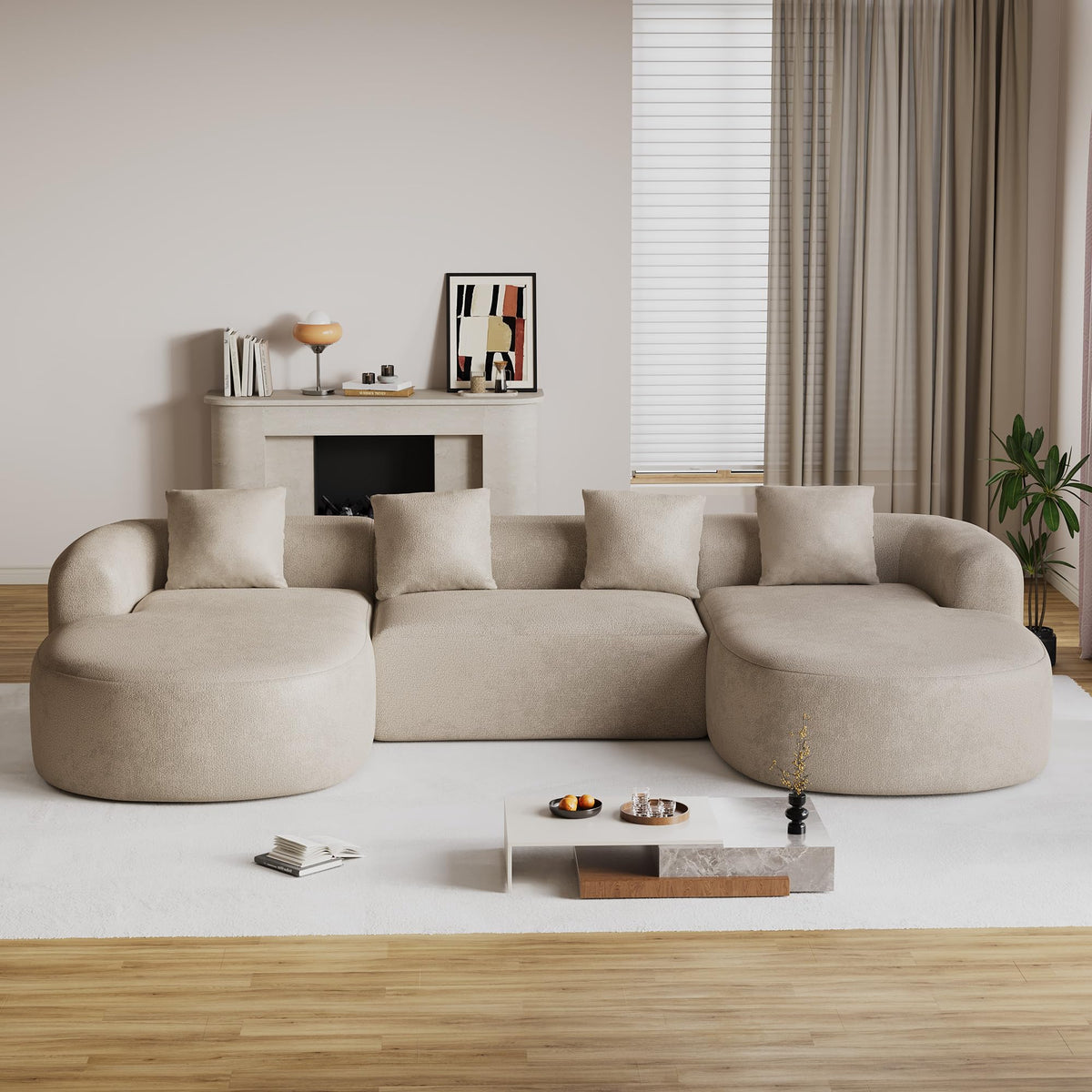 136"Oversized Luxury Modern Tight Sofa, Curved Back, Light Brown