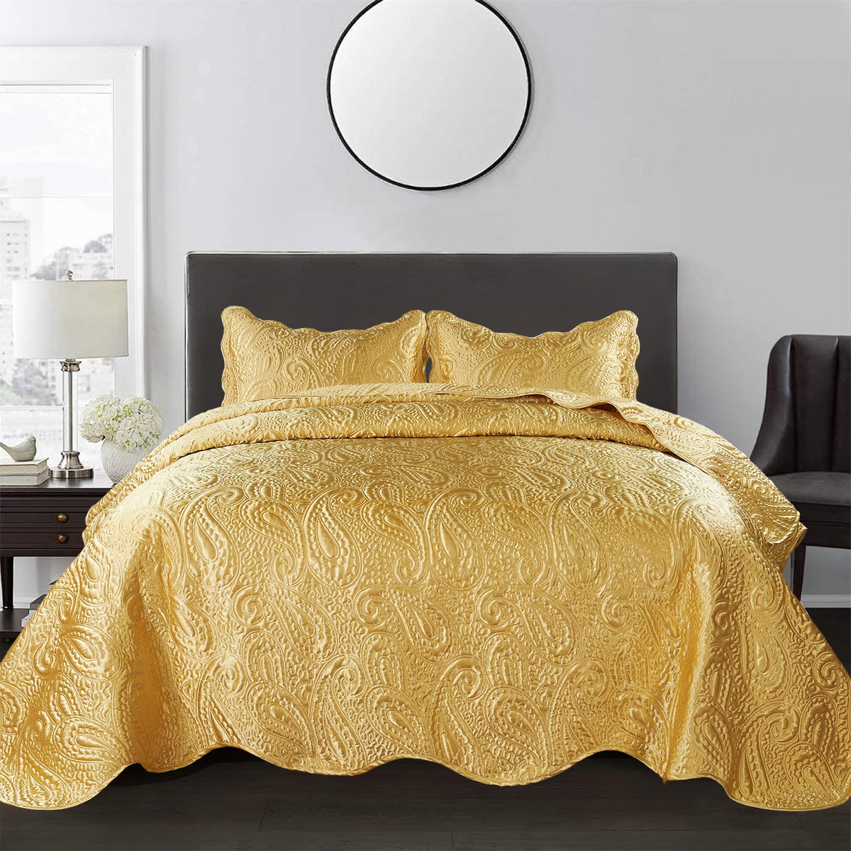 Quilted Satin Bedspread Set - 3-Piece Luxury Reversible Bed Cover