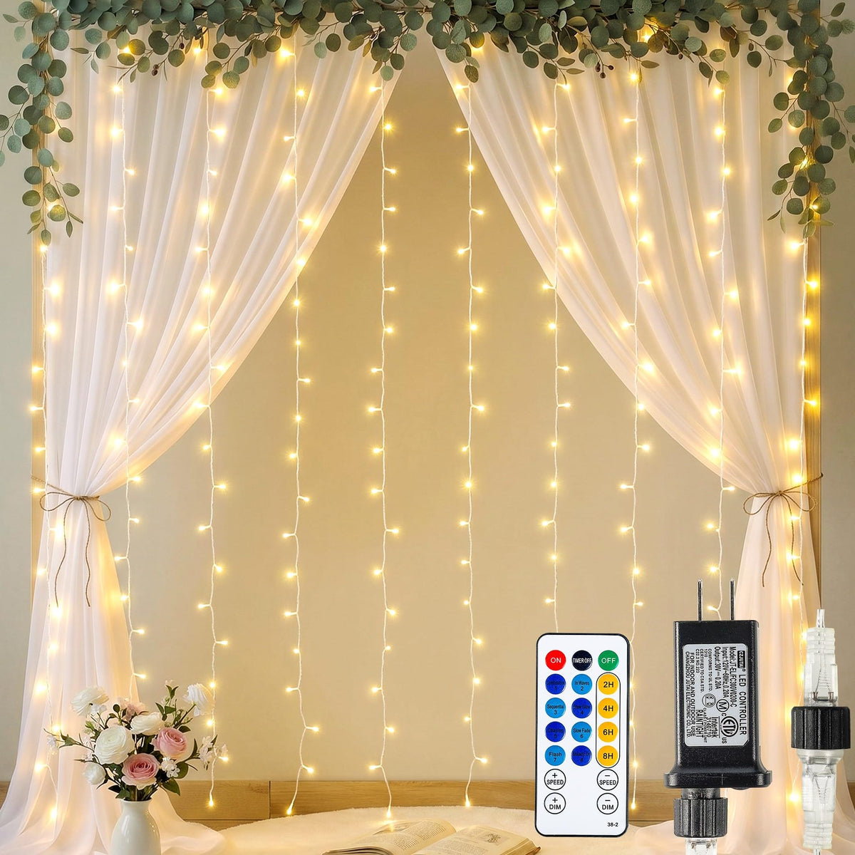 6.6FT x 6.6FT Warm White Curtain Lights Plug in, 200 LED