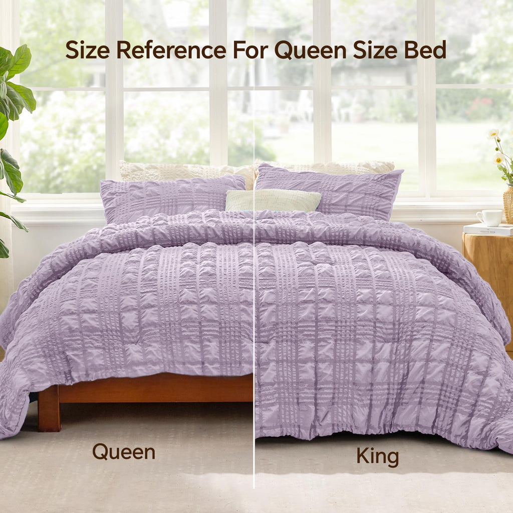 Comforter Set, Seersucker Bedding Set 3 Pieces, Lavender