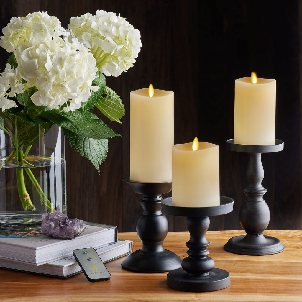 Realistic Flameless LED Set of 3 Ivory Pillar Candles, Home Safe Moving Flame Melted Top Illumination, Battery