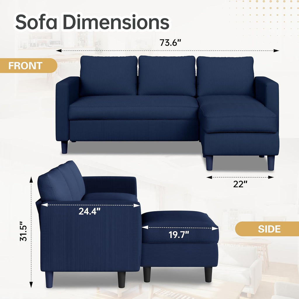 3-Seat Convertible L-Shaped Sectional Sofa with Reversible Ottoman