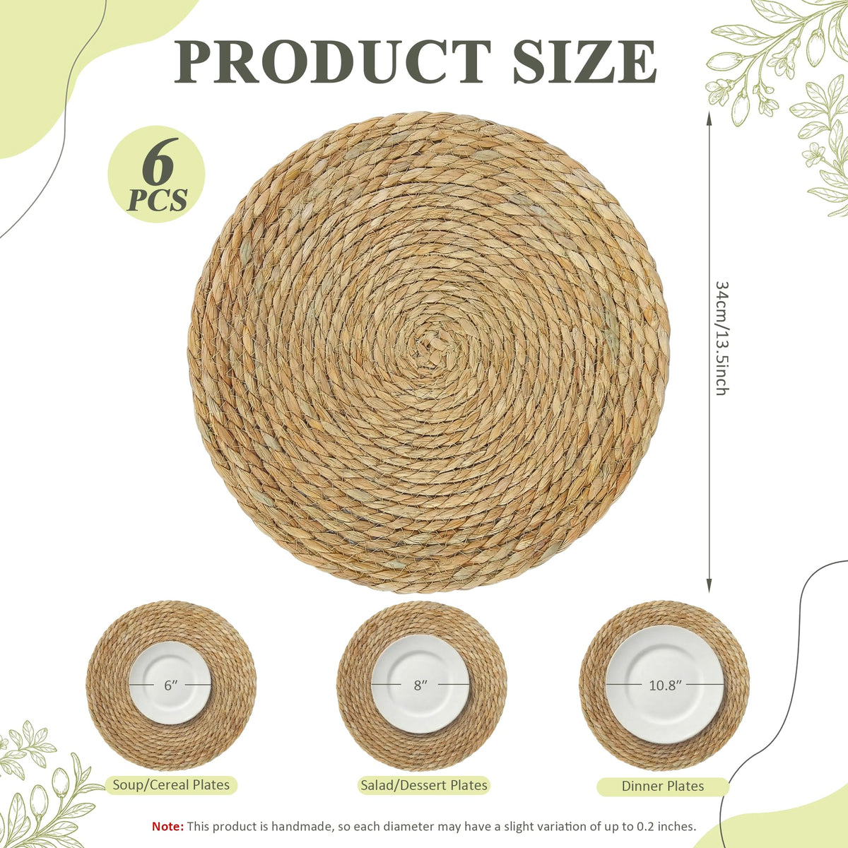 Round Woven Placemats 6PCS 13.5in Rattan Chargers Wicker Place mats