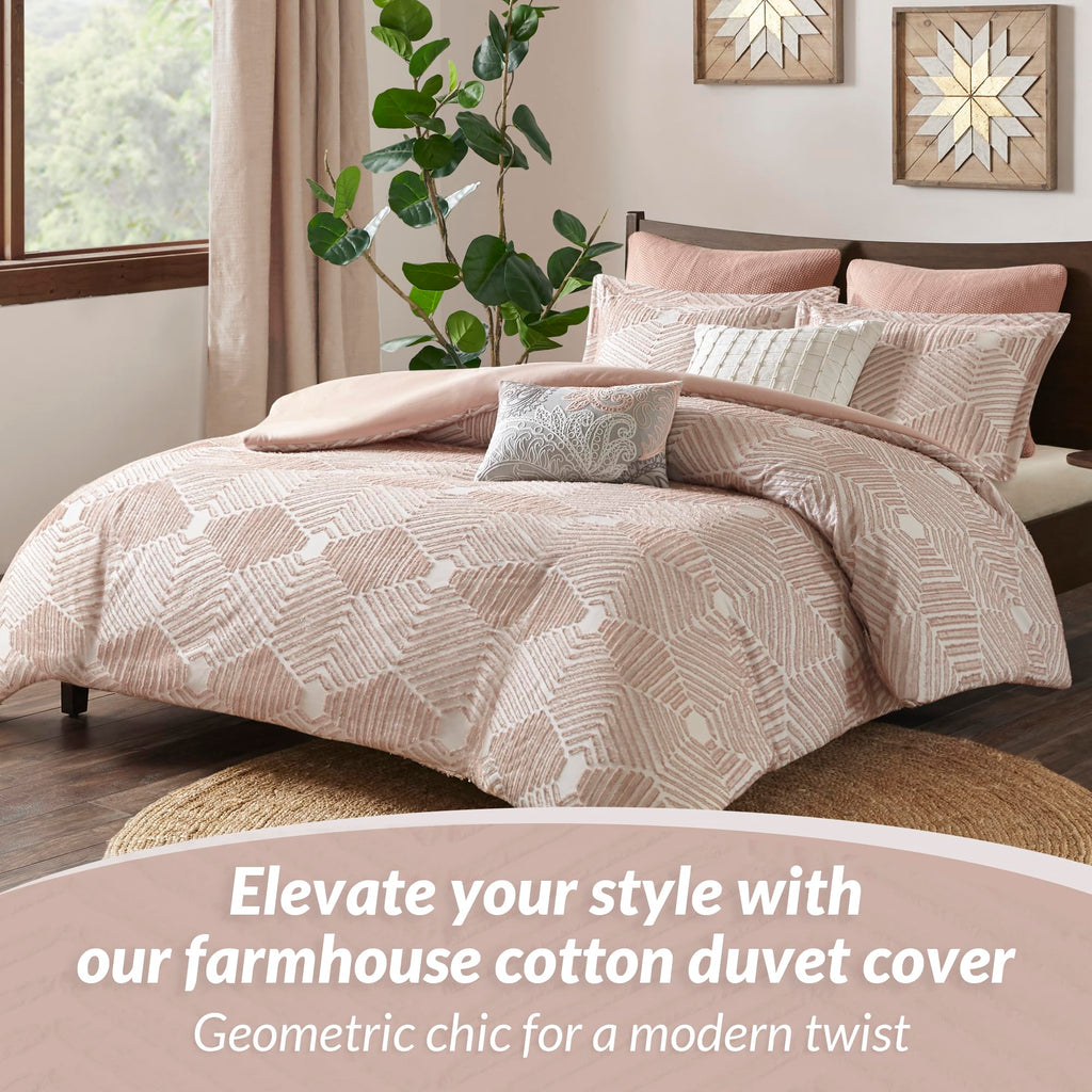 Duvet Cover Set, Geometric Cotton Bed Duvet Cover, Modern Farmhouse with Clipped Jacquard, All Season