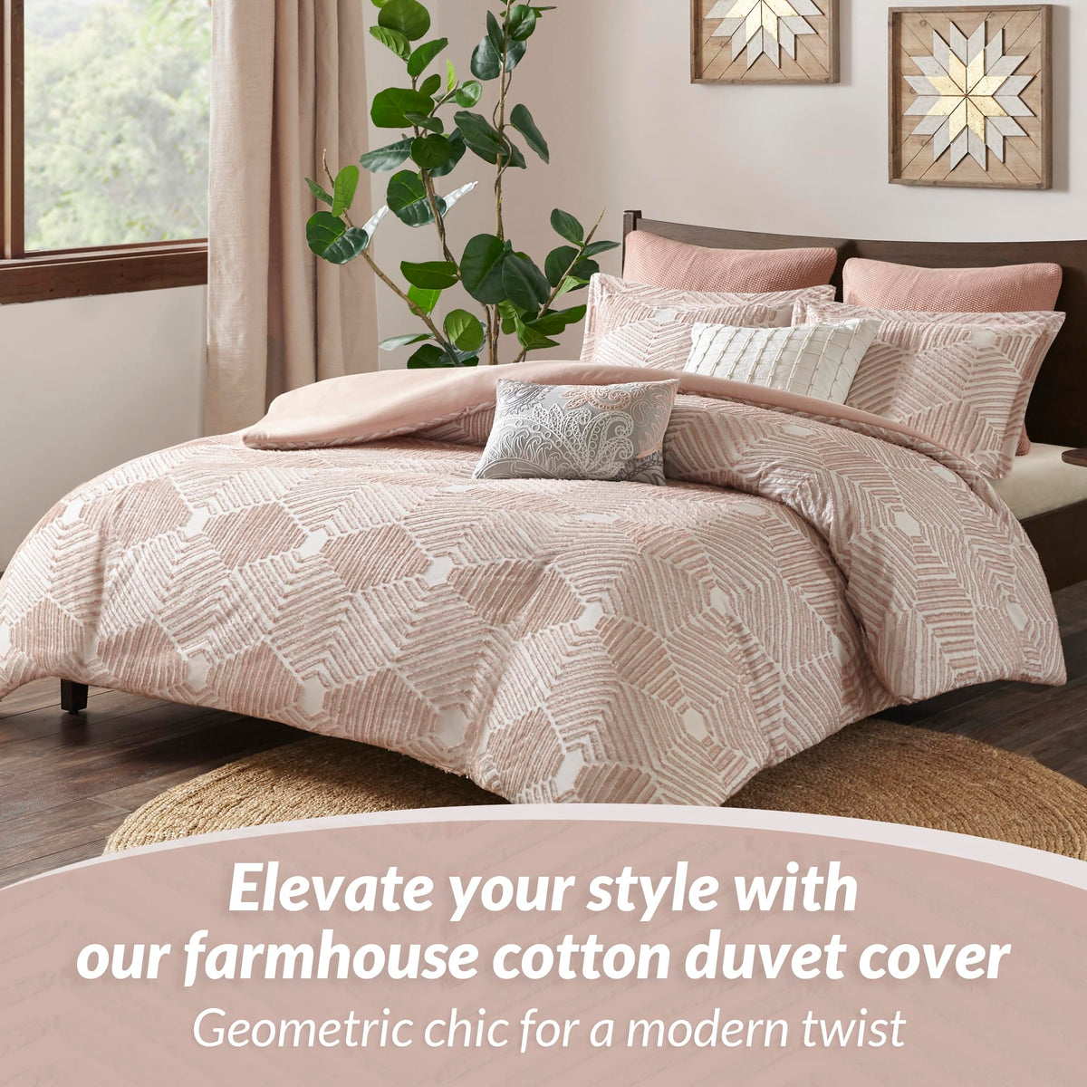 Duvet Cover Set, Geometric Cotton Bed Duvet Cover, Modern Farmhouse with Clipped Jacquard, All Season