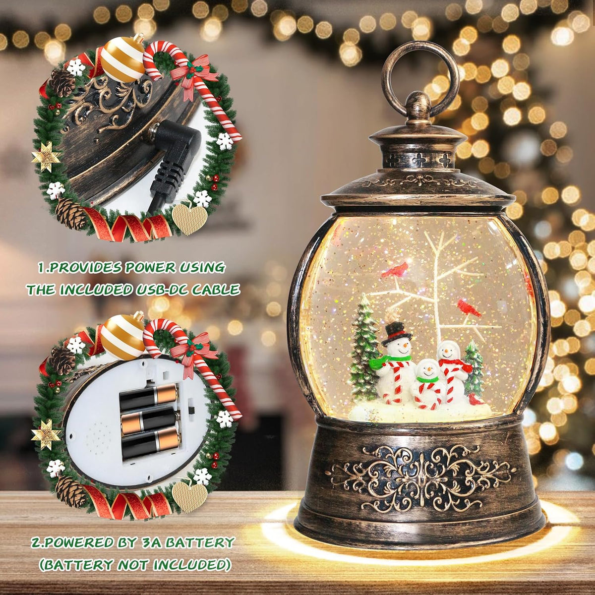 Christmas Cardinal Snow Globe 12.5In High, Snowman Musical Snow Globe Lantern Lights with 6 Hour Timer and Batteries