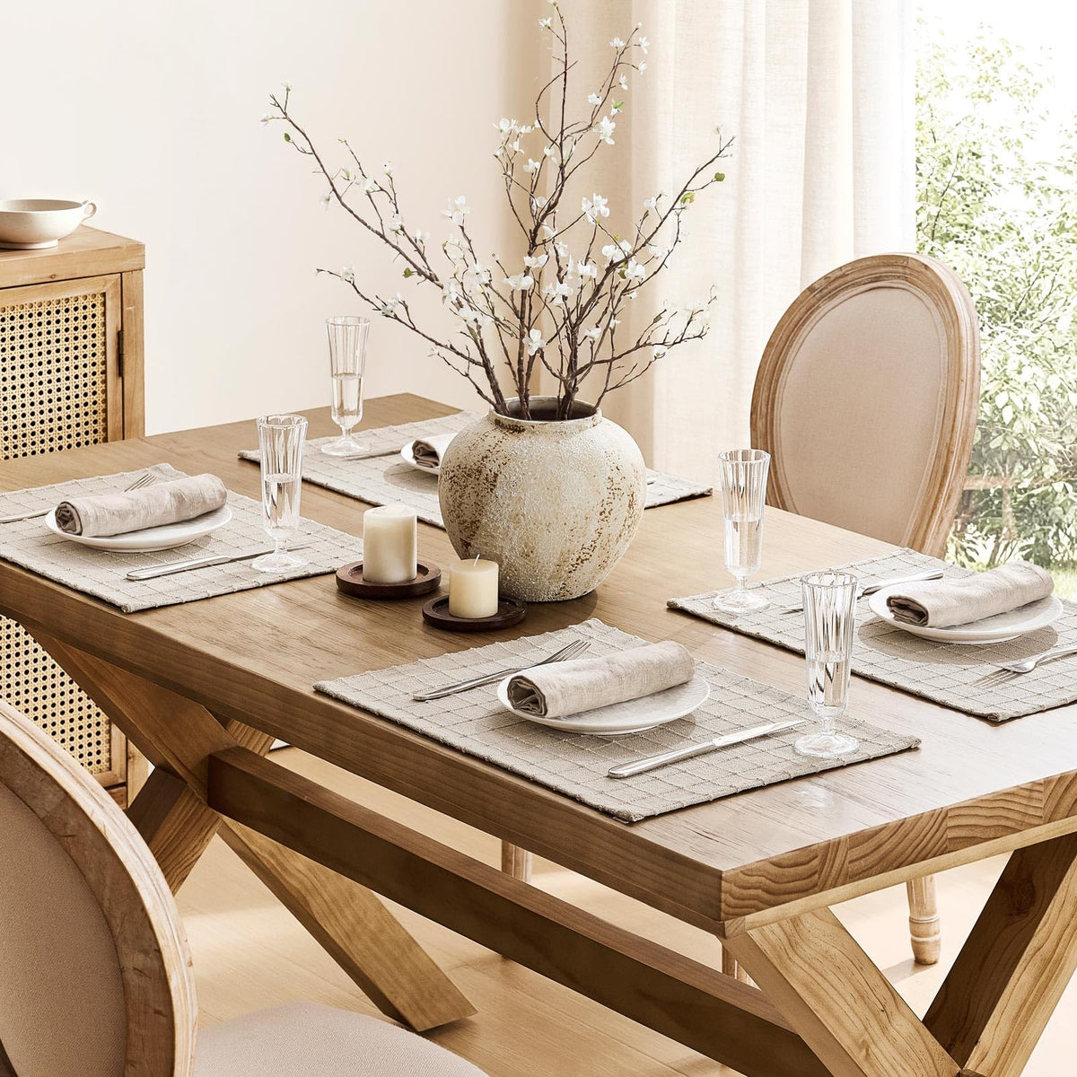 Artisanal Grid Decorative Linen Placemats Set of 4, Neutral Beige