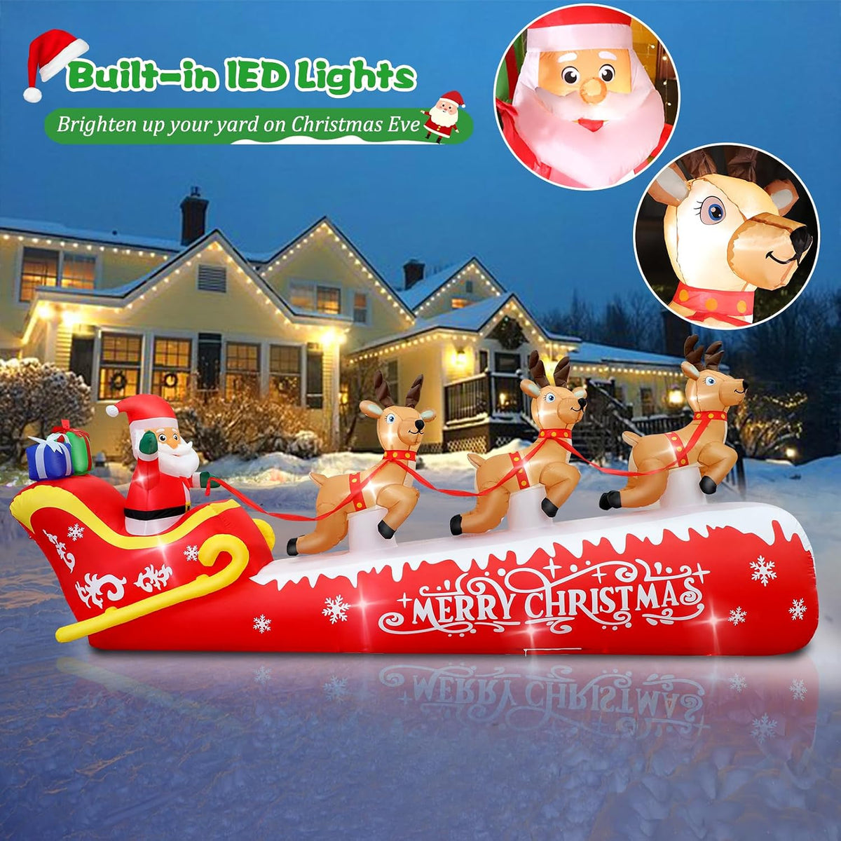 12 FT Christmas Inflatable Santa Claus on Sleigh with 3 Reindeers Outdoor Decorations, Giant Christmas Blow Up Yard