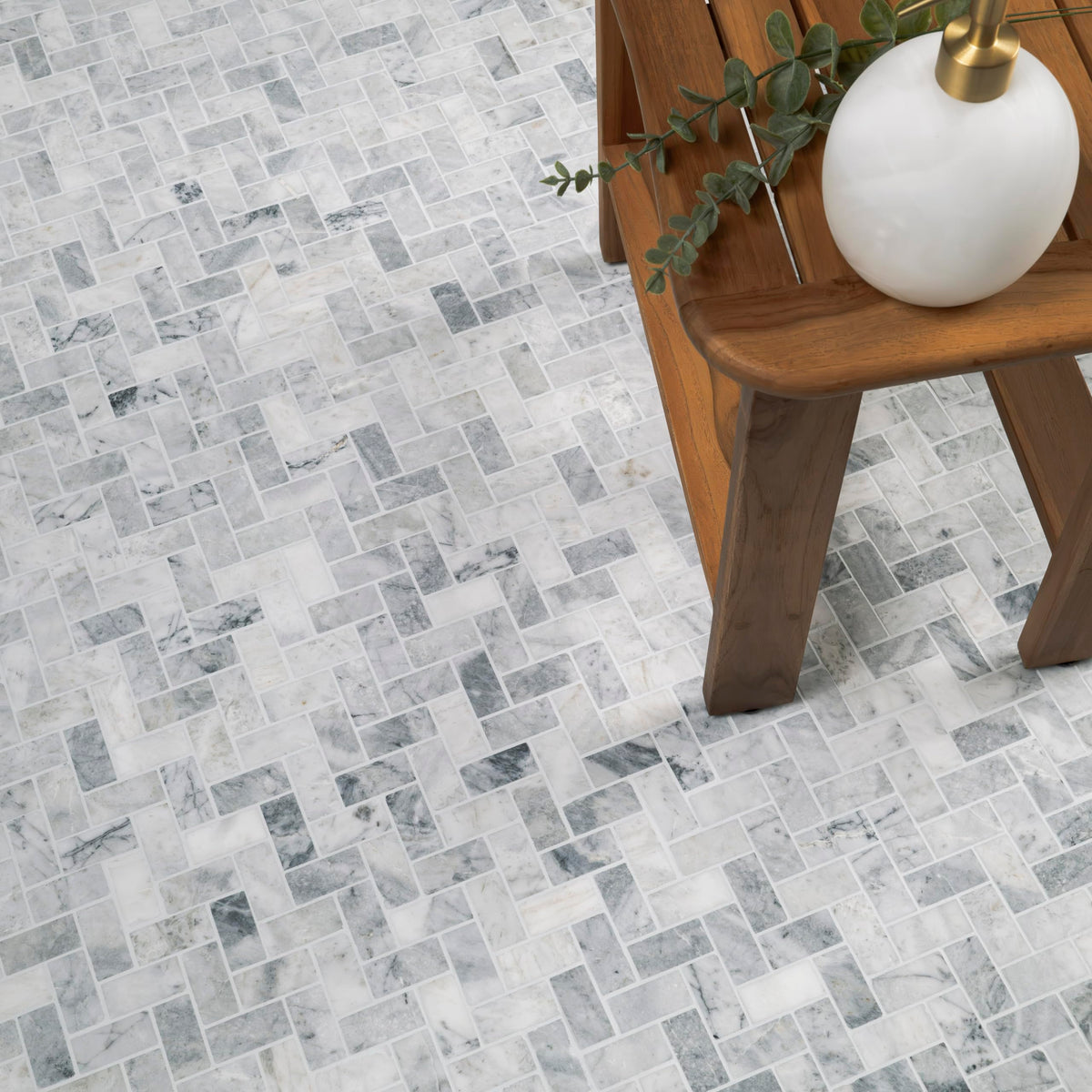 Mesh Mounted Marble Floor & Wall Tile| Capri Blue | 1" x 2"