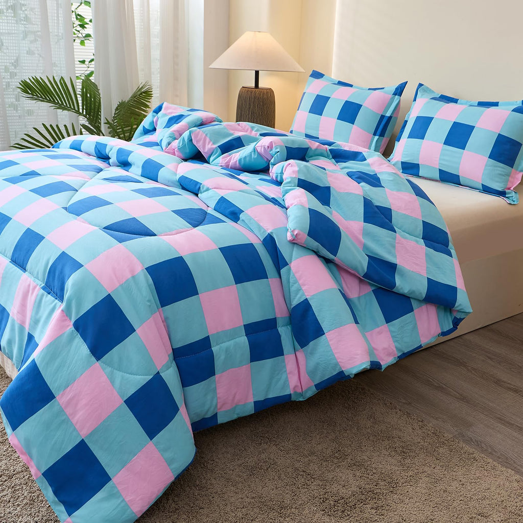 Checkered Comforter Set, Blue and Pink Plaid Comforter Bedding Set, Grid Gingham Fluffy Comforter Home Decor
