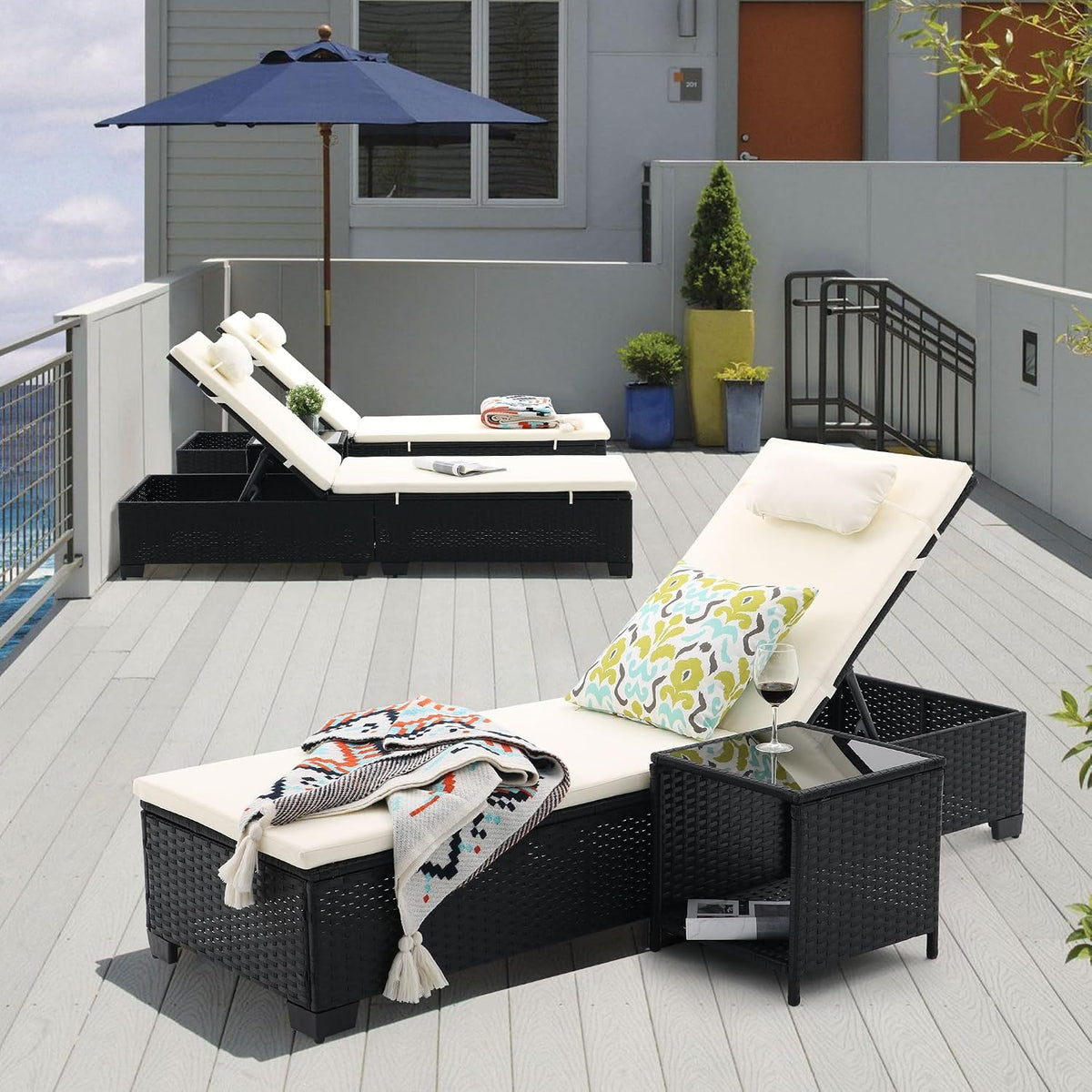 3-Piece Outdoor Lounge Chairs Set, Chaise Lounge Patio Chairs with Coffee Table, Adjustable Wicker Chairs