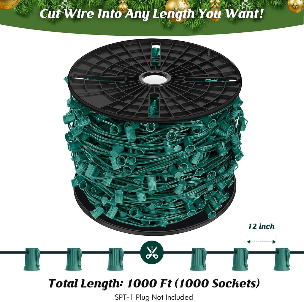 C9 Commercial LED Socket Set Spool 1000 FT, E17 Light Sockets Set, Strands Custom Roof Line Decorative Lighting - 12