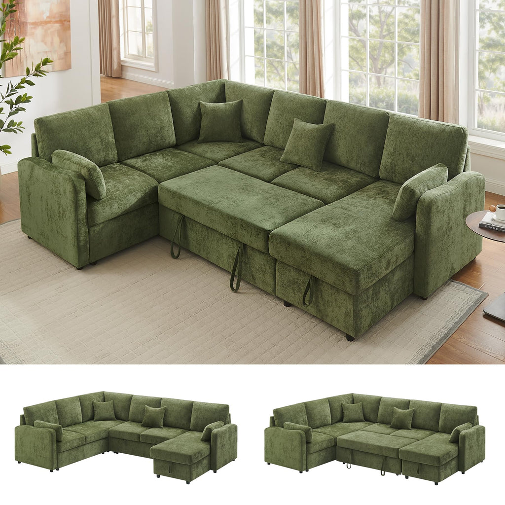 7 Seater 112'' Sectional Sleeper Sofa with Storage, Chenille Olive