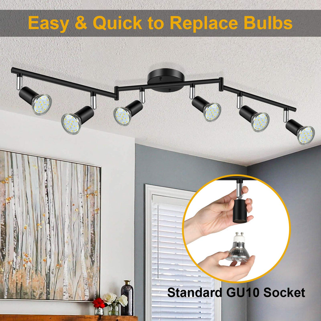 LED Track Lighting Kit, Flexibly Rotatable Light Heads, 6 Way Ceiling Spotlight Black Finish, Including 6
