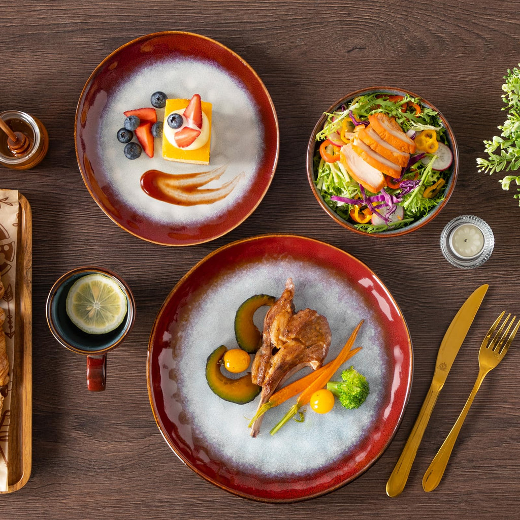 Starry 16 Pcs Dinnerware Set for 4, Handmade Reactive Glaze, Red