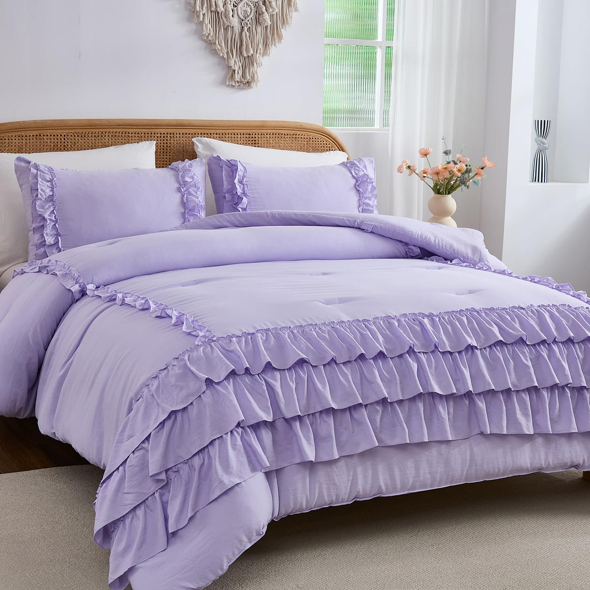 Light Purple Comforter Set King Size, Waterfall Ruffle Shabby Chic Bedding Set, Soft Fluffy Boho Comforter Set for All