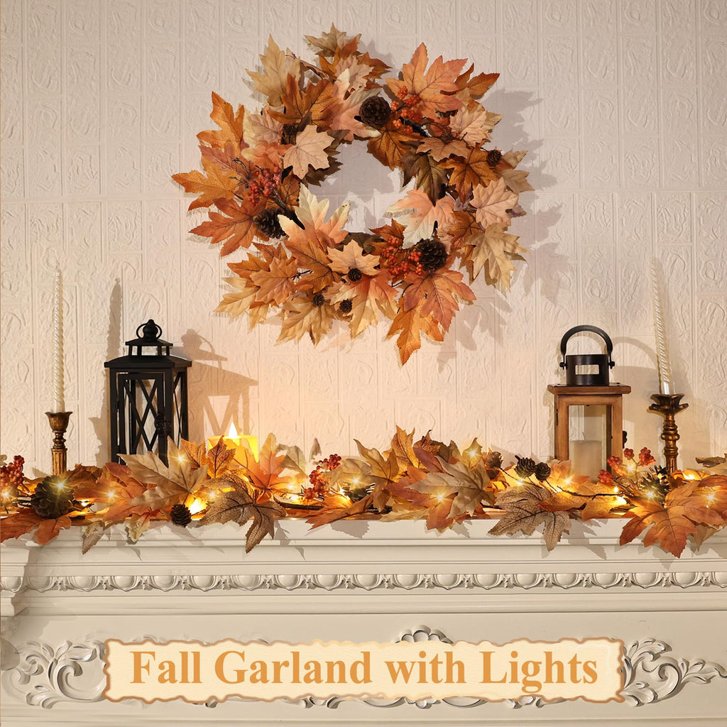 6 FT Lighted Fall Garland with Lights Autumn Automatic ON/Off Timer