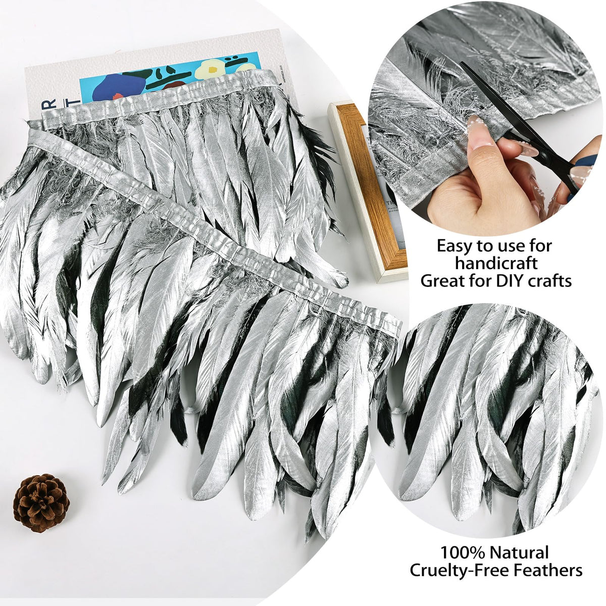 Sliver Rooster Fringe Trim 2.15Yard 8-10inch for Feather Shawl Cape,DIY Sewing Craft Clothing Wedding Decoration
