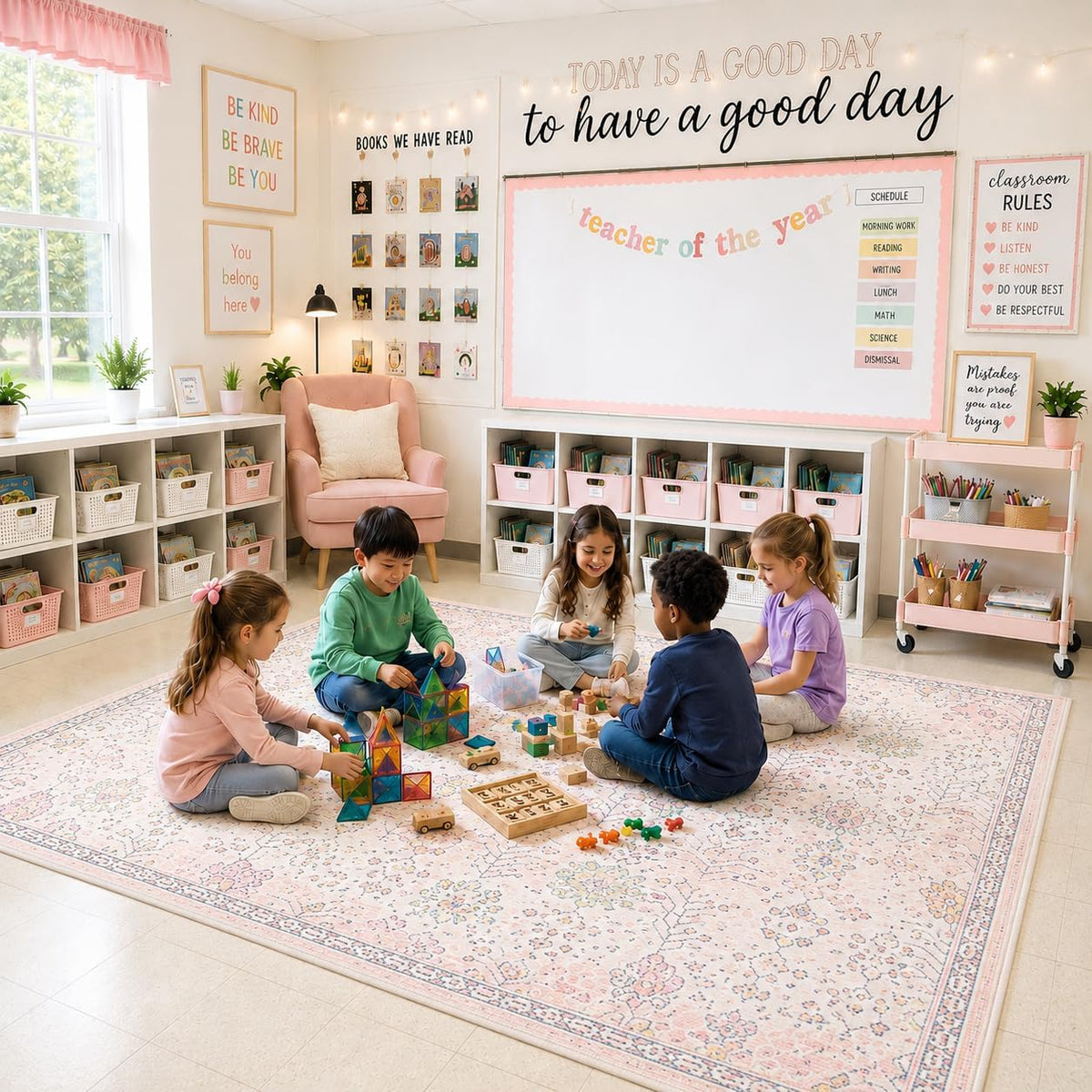 Pink Rug for Girls Bedroom, Soft Washable Floral Dorm Rug, Boho Non Slip Pastel Classroom Carpect Room, Kids