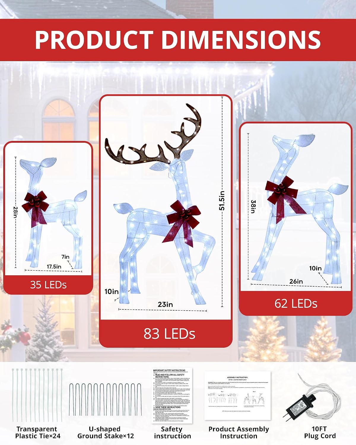 4.3FT 3 Piece Large 3D Lighted Outdoor Christmas Deer Family Set