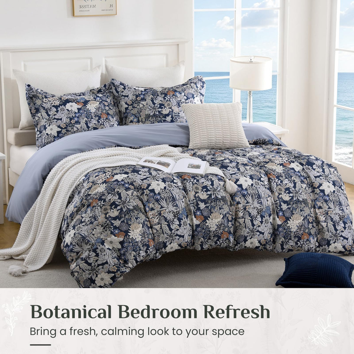 Duvet Cover, 3Pcs Reversible Floral Bedding Set Navy Blue