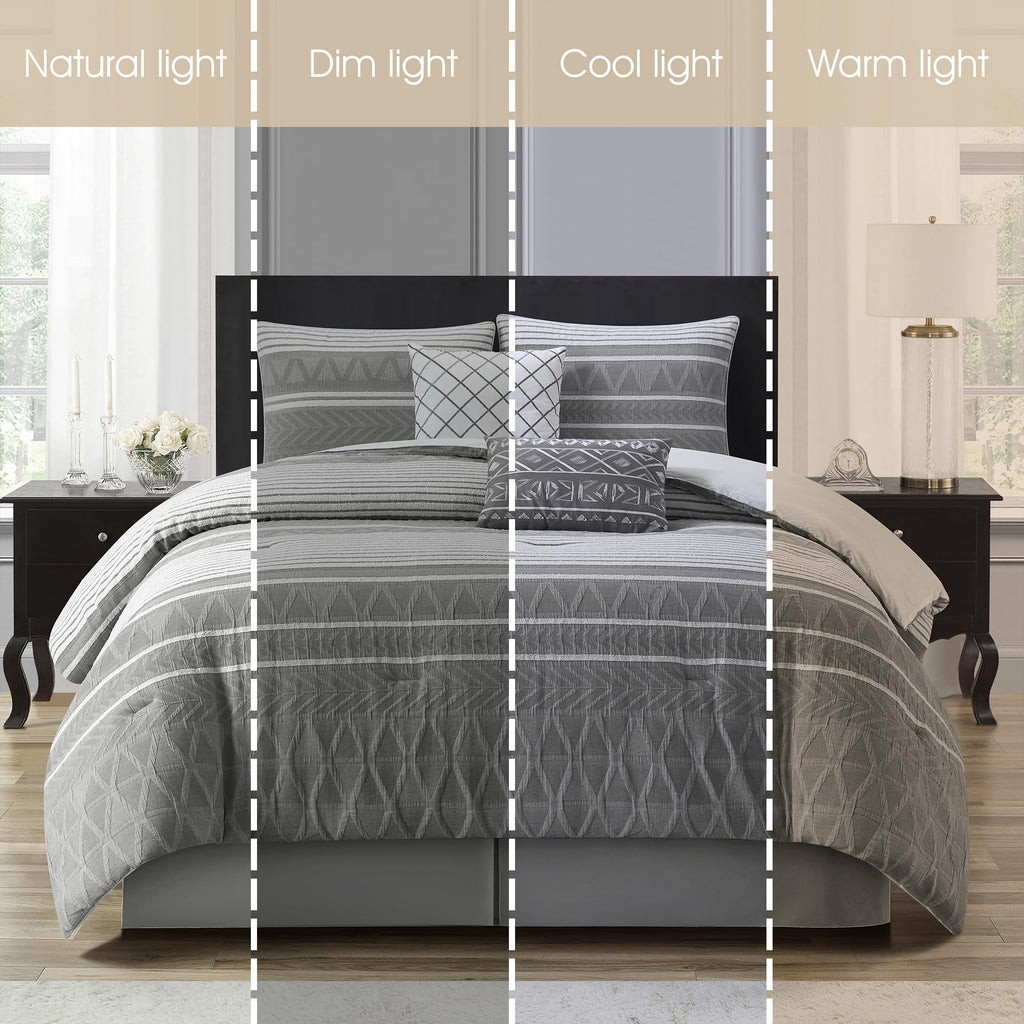 Comforter Set, 6 Piece, Color Grey, Geometric Jacquard Bedding Set, Matching Bedskirt, Pillows & Shams