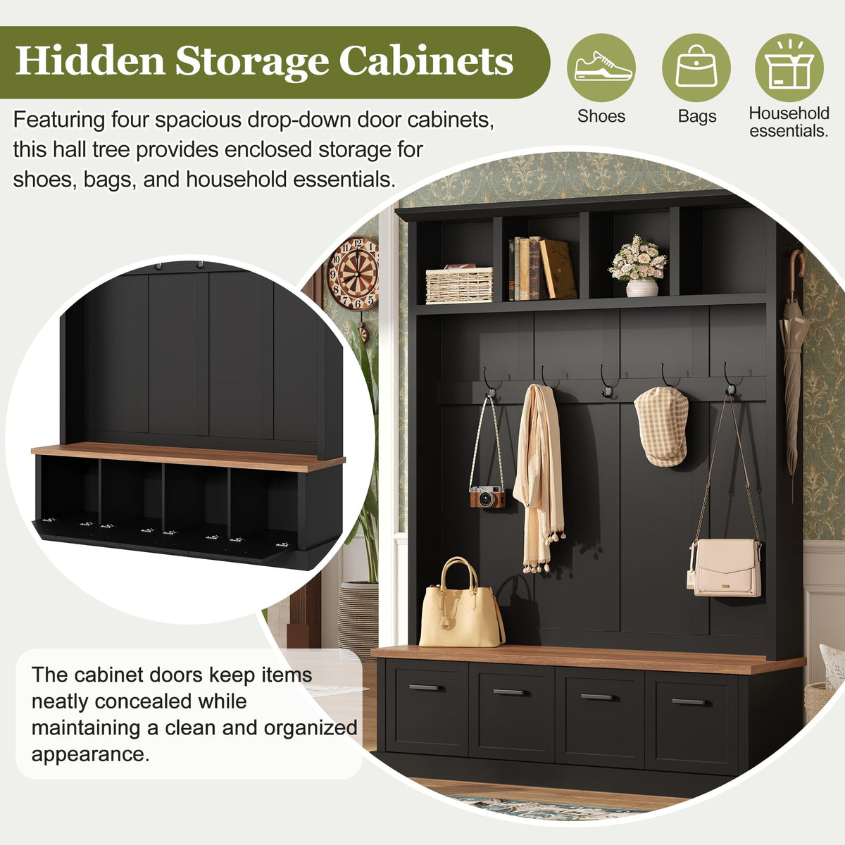 Farmhouse Wood Hall Tree with 6 Hooks and Enclosed Shoe Cabinets, Mudroom Versatile Coat Racks with Open Shelves
