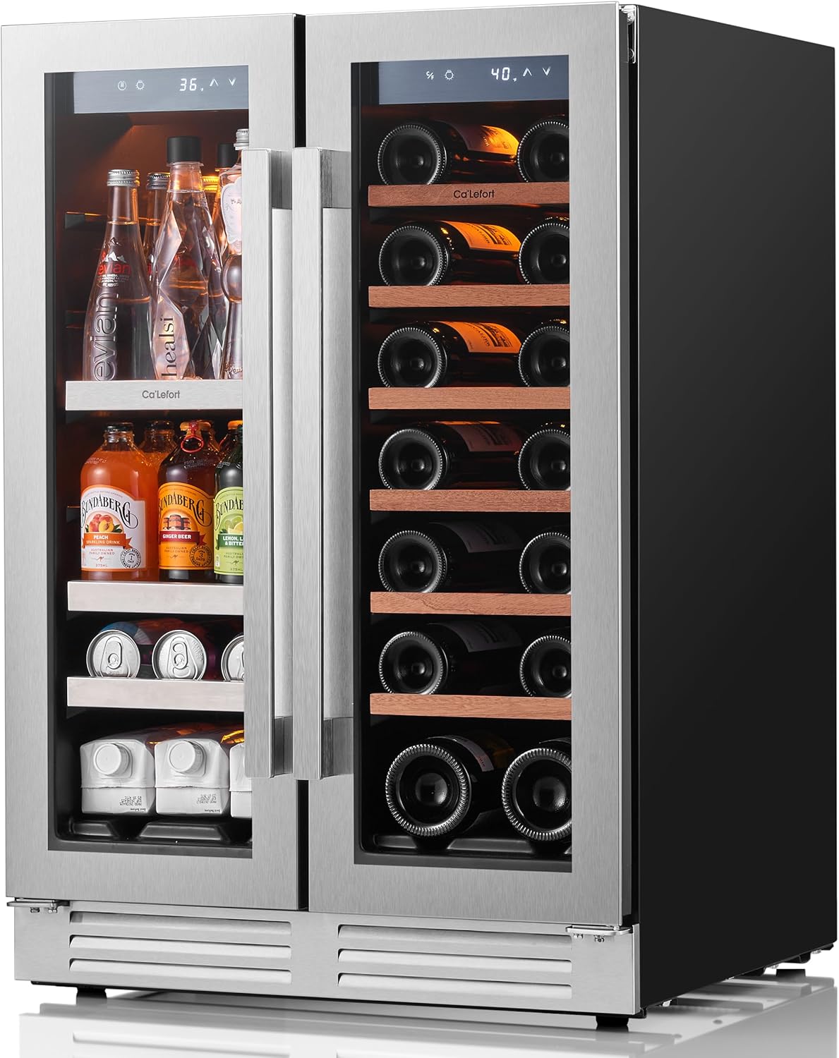 24 Inch Wine and Beverage Refrigerator, 60 Cans 20 Bottles Dual Zone Cooler with Glass Door, 3 LED Built