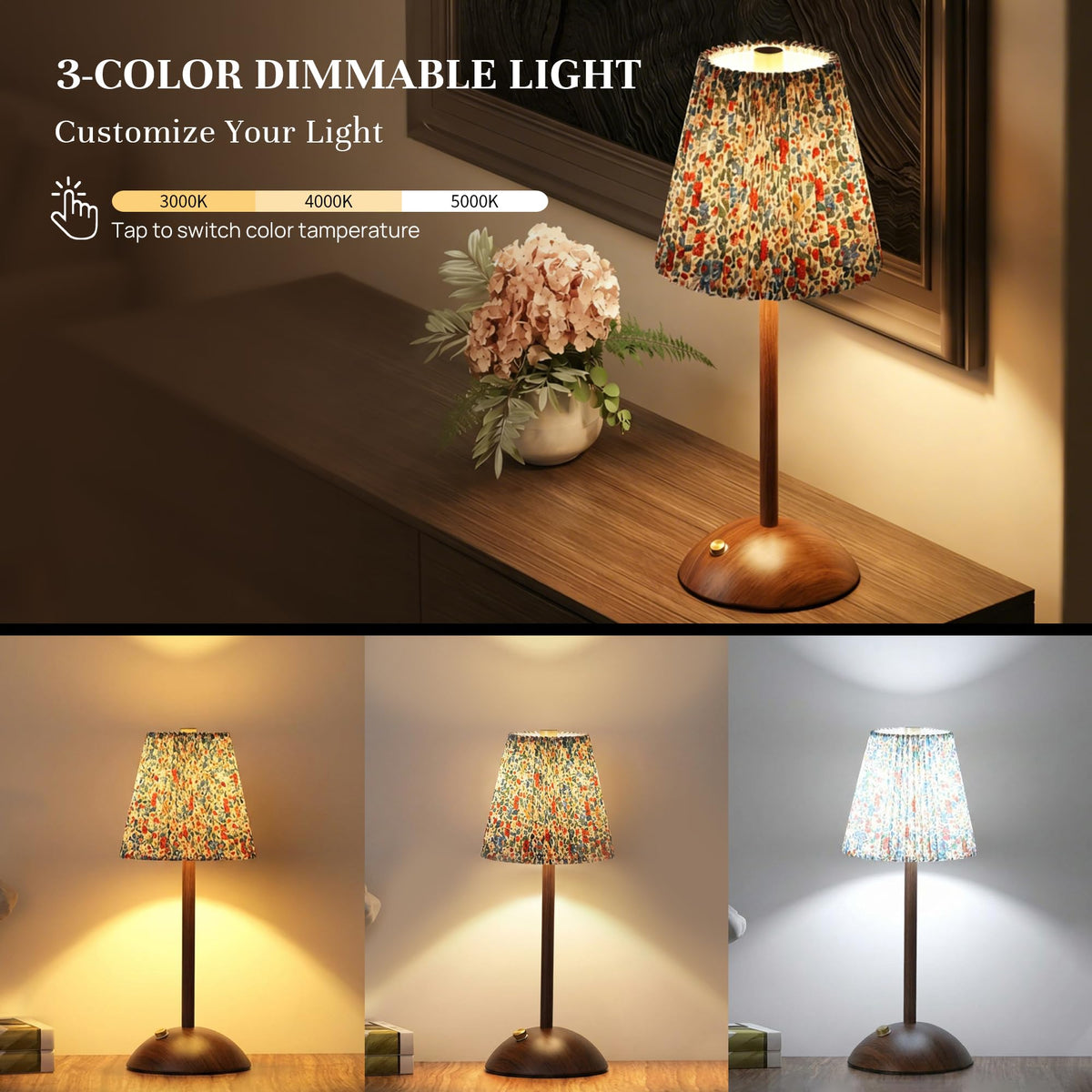 Small Vintage Cordless Table Lamp, Rechargeable Battery Operated Lamp with 3 Color Temperatures Stepless Dimming